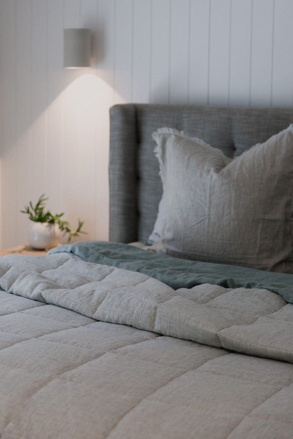 “White/Ink” Pinstripe Linen Quilted Coverlet