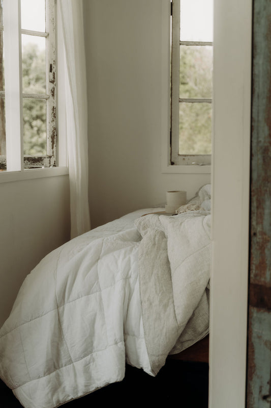 “White/Ink” Pinstripe Linen Quilted Coverlet