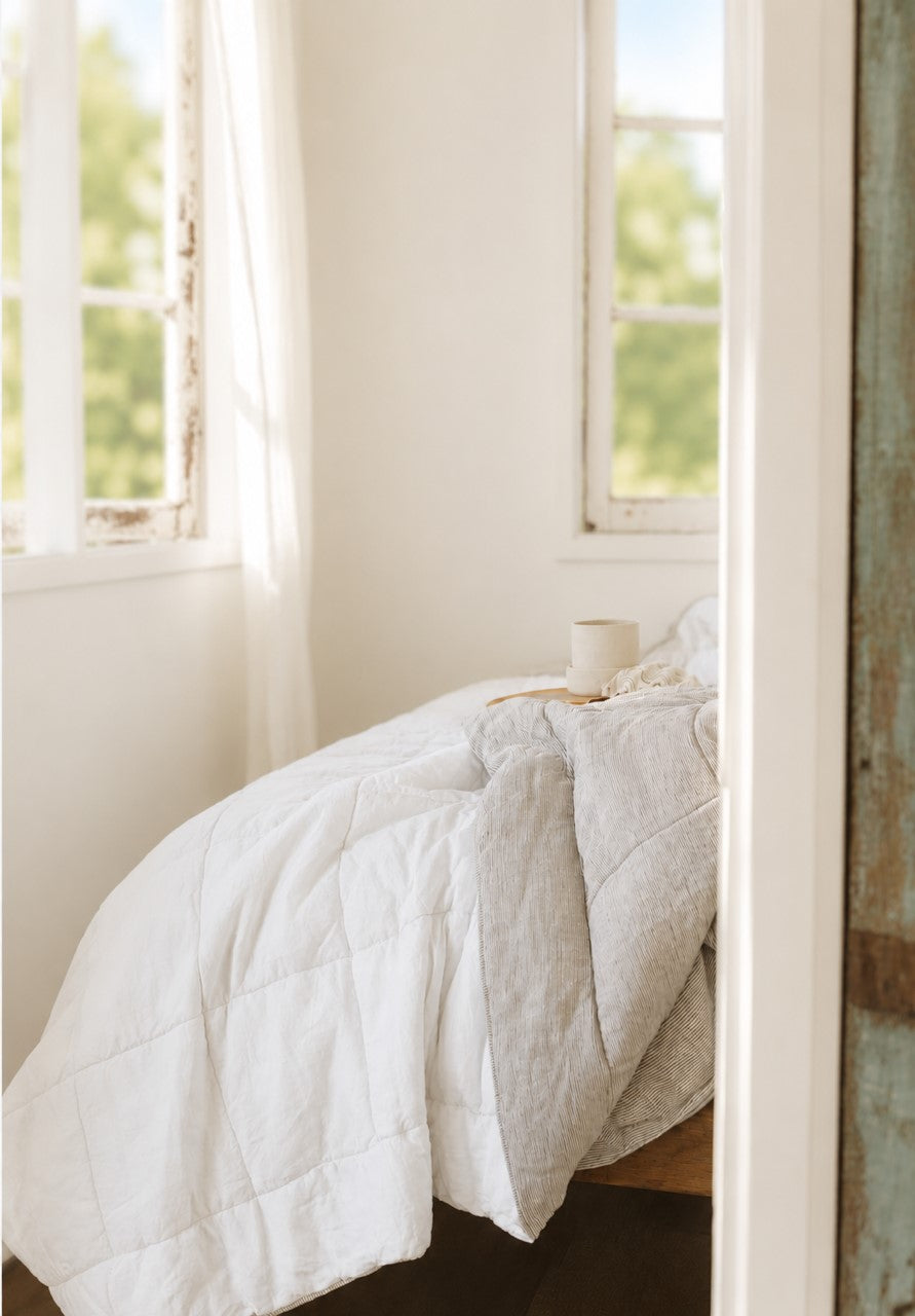 “White/Ink” Pinstripe Linen Quilted Coverlet