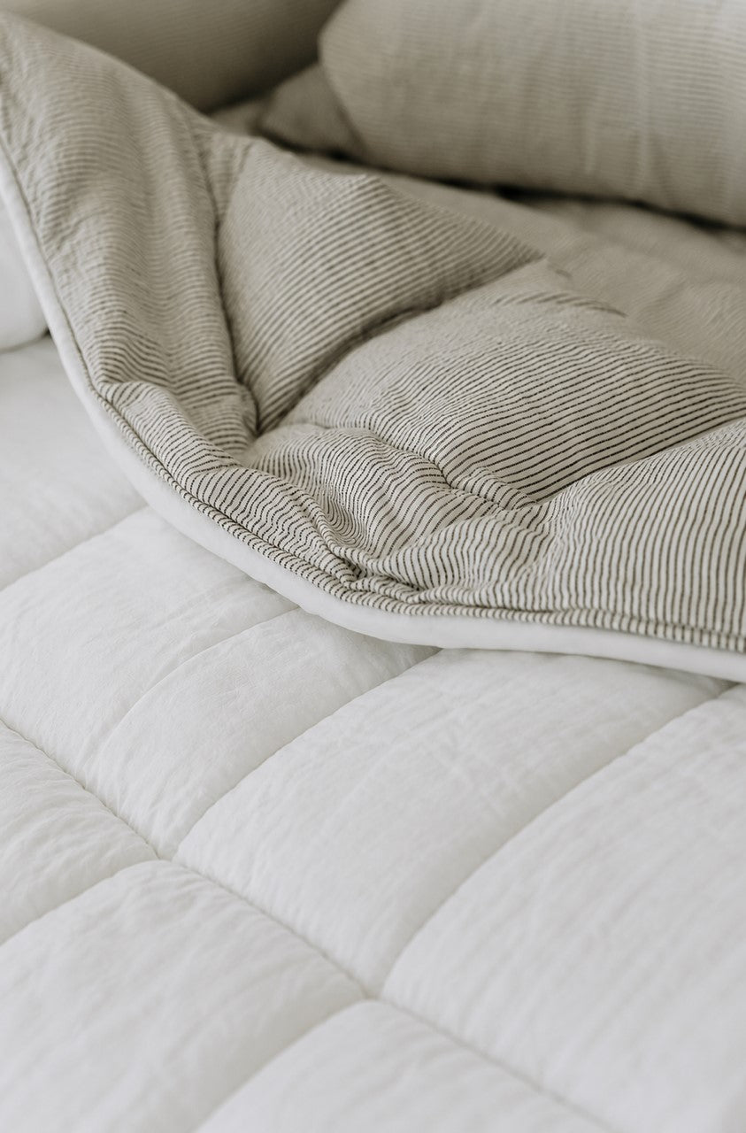 “White/Ink” Pinstripe Linen Quilted Coverlet