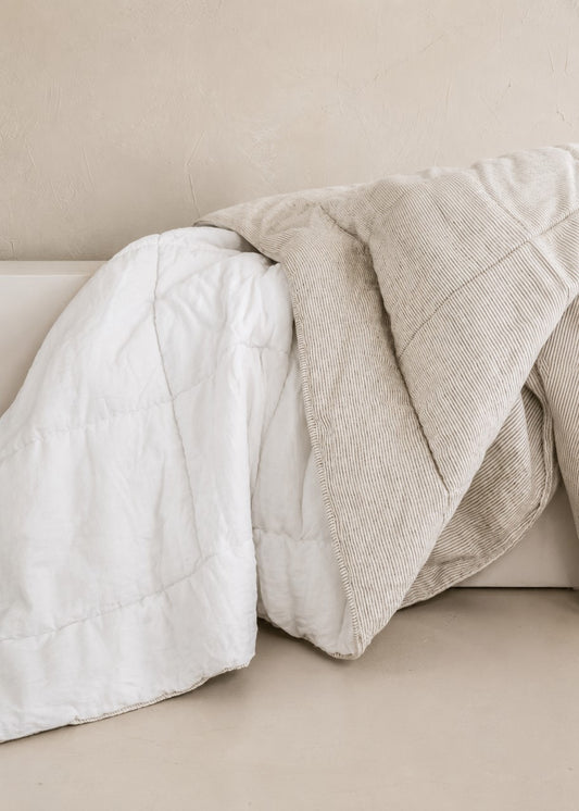 “White/Ink” Pinstripe Linen Quilted Coverlet