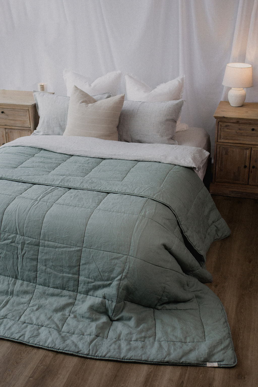 "Sea Mist" Linen Quilted Coverlet